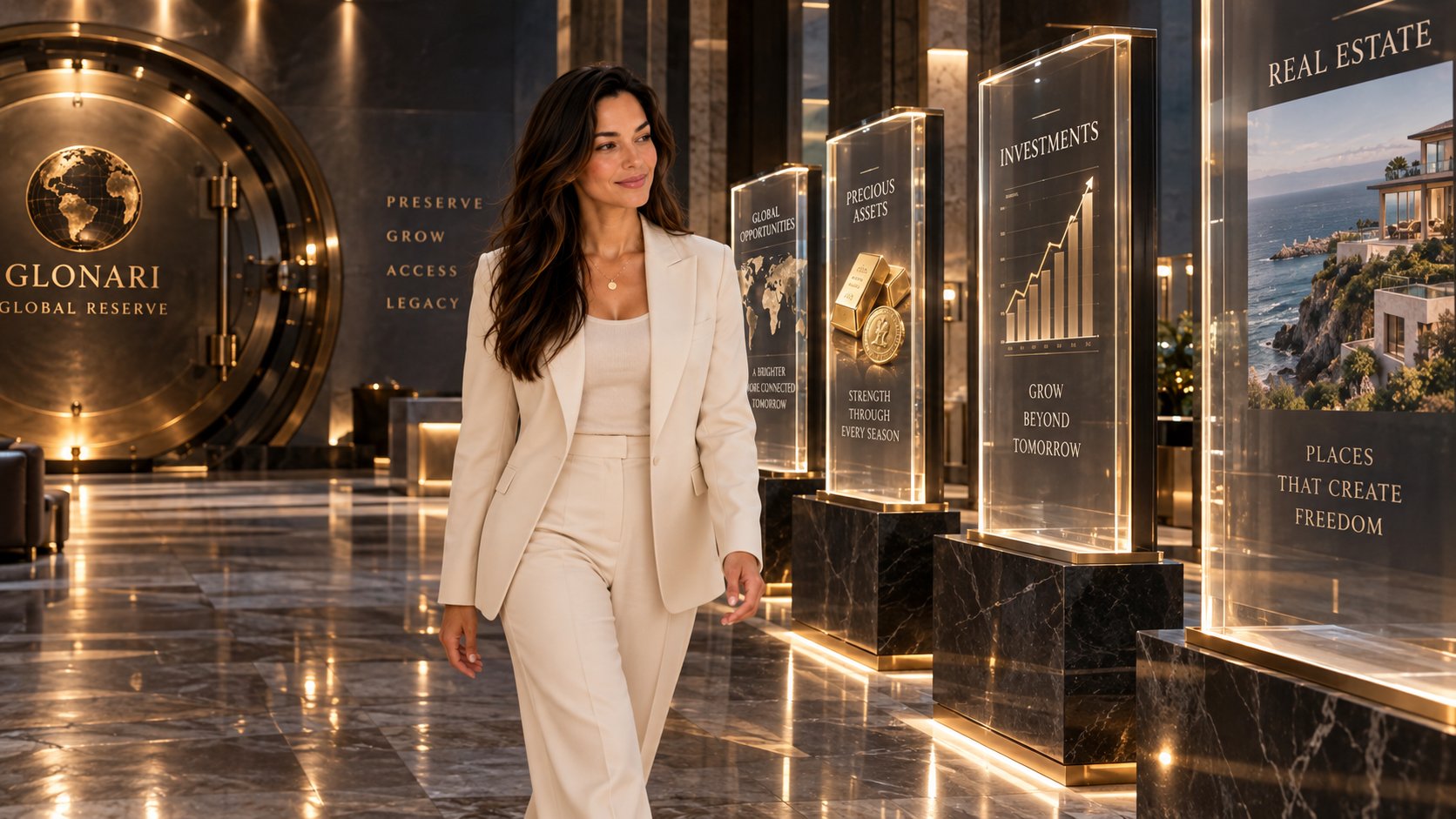 Gia walking the Global Reserve hall past glowing displays — Global Opportunities, Precious Assets, Investments, Real Estate — with the vault and the words Preserve, Grow, Access, Legacy behind her