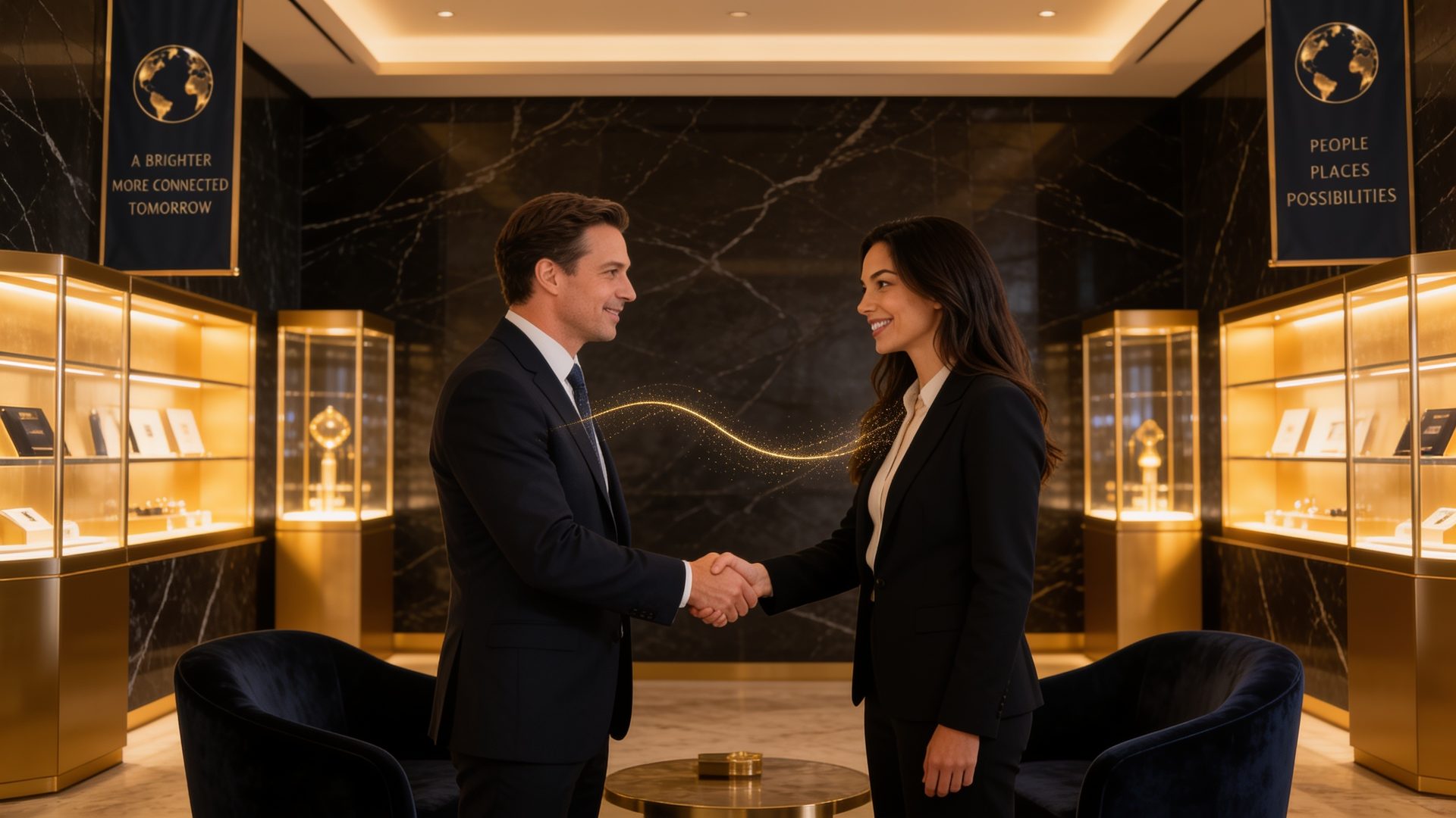 Two members meeting in the lounge, a thread of golden light between them