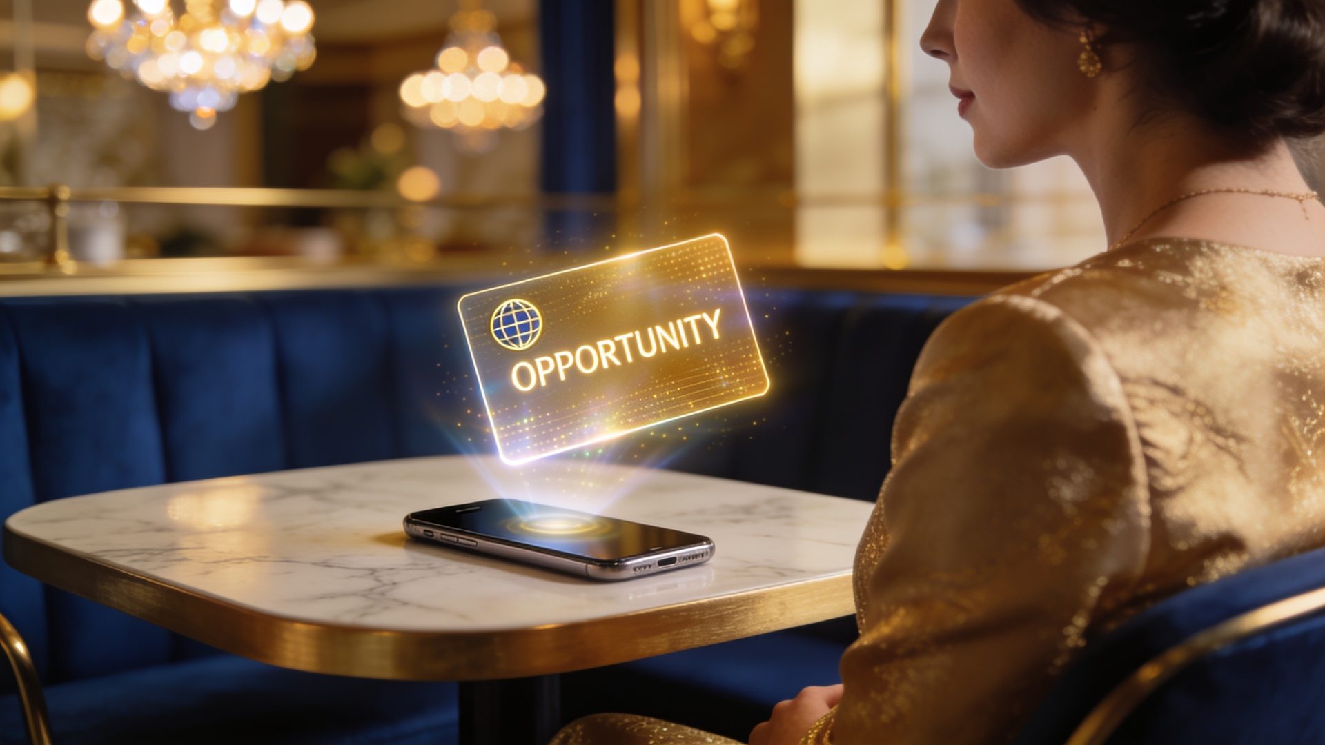 A golden opportunity card appearing above a member's phone at a lounge table