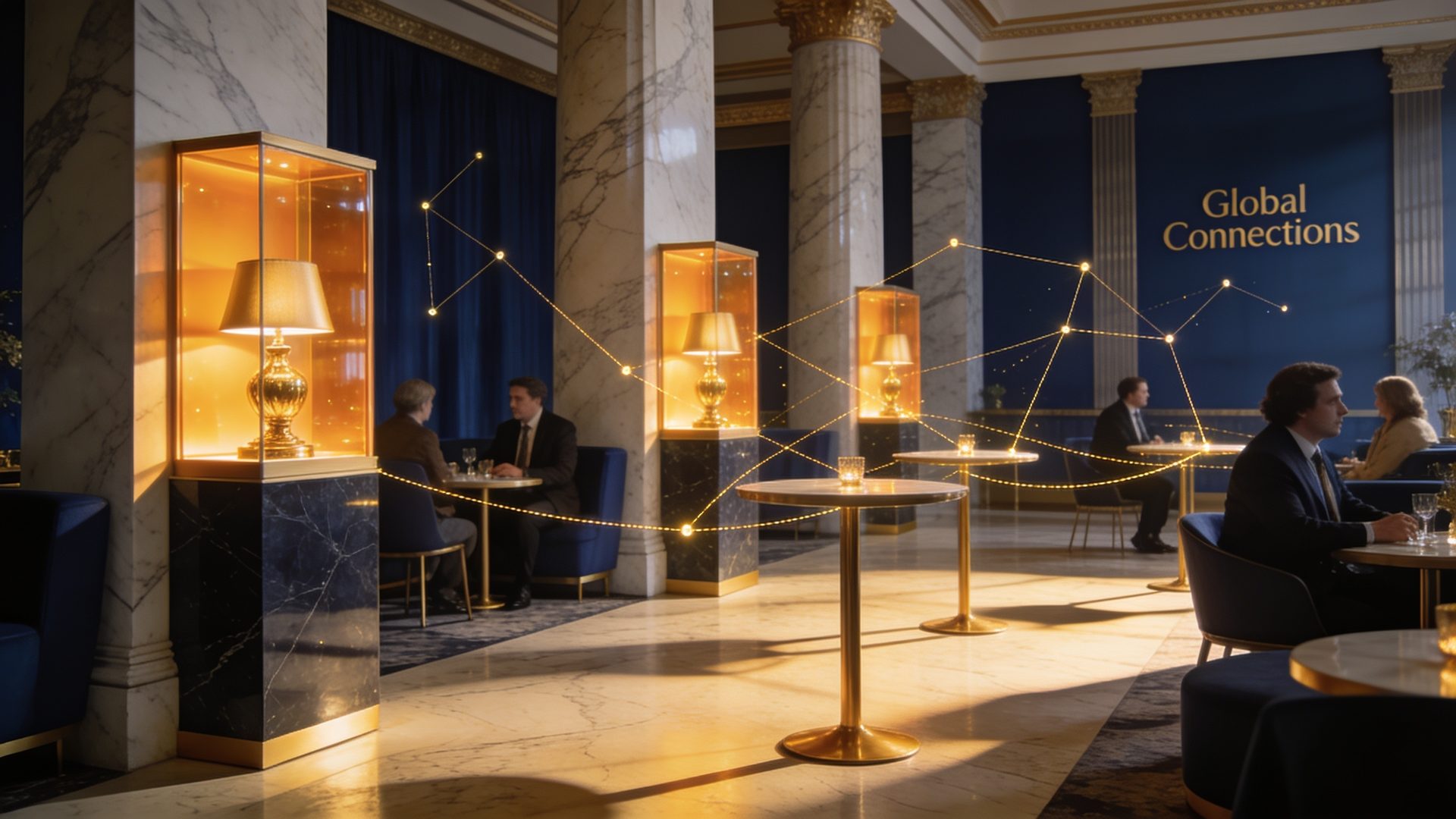 The Global Connections lounge at golden hour, fine threads of light arcing between members' tables