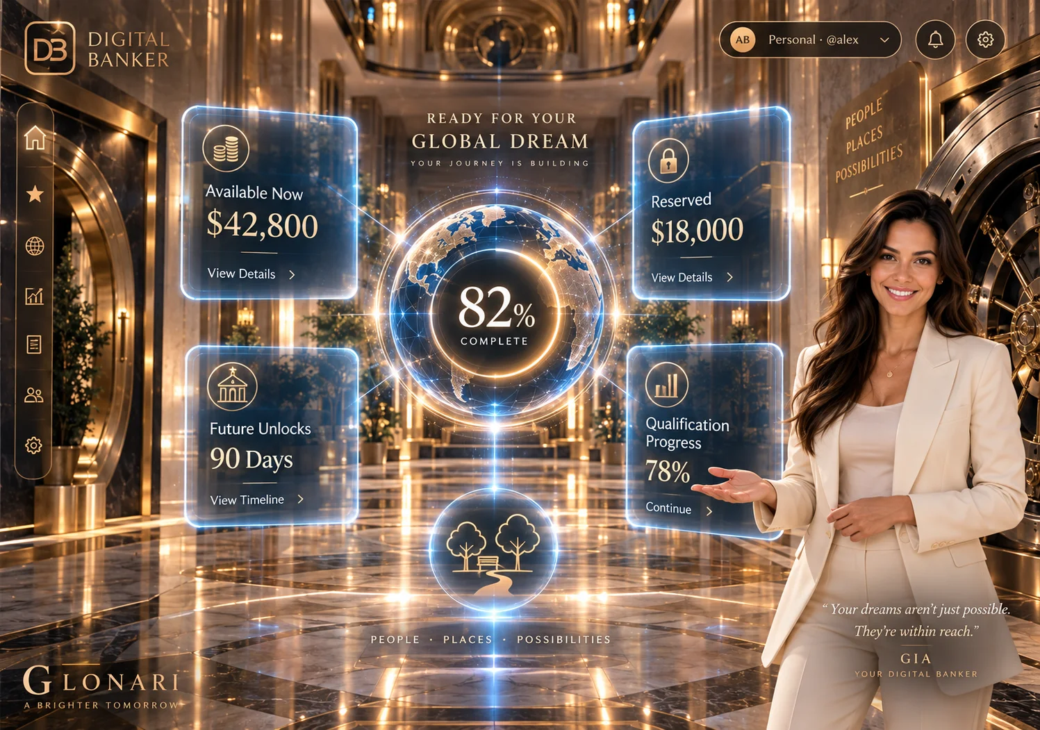 Preview of the Global Reserve inside Digital Banker: a golden vault hall with an 82% Ready for Your Global Dream ring around the globe, panels for Available Now, Reserved, Future Unlocks, and Qualification Progress, and Gia — your Digital Banker — presenting beside the vault